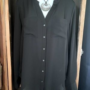 Banana Republic SP Black Split Neck LS top w Epaulets pockets & roll tab sleeves